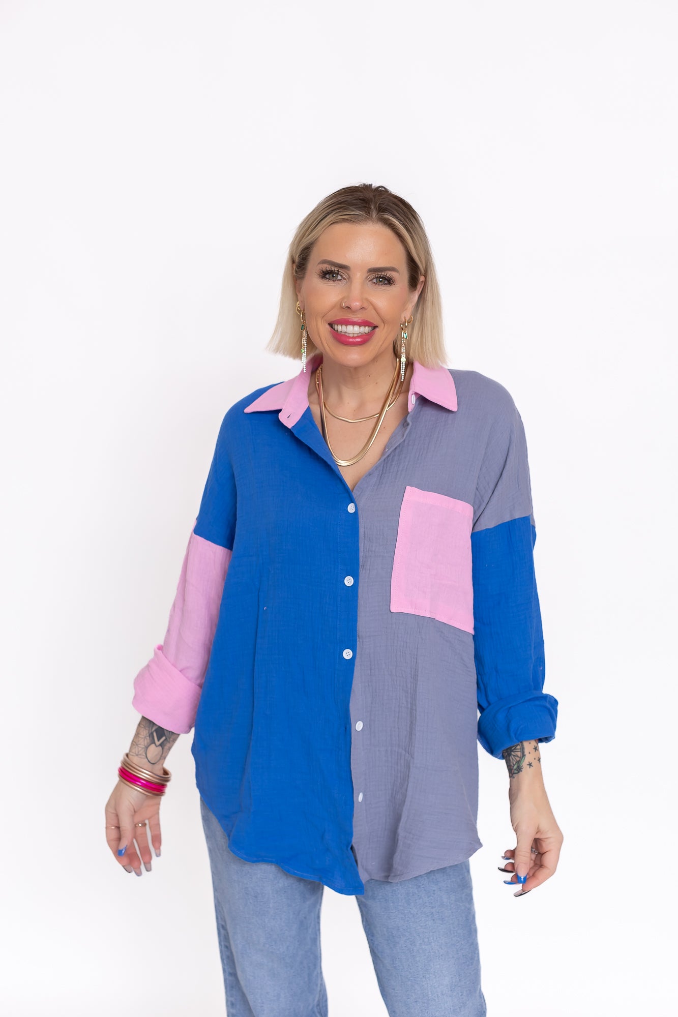 Happy Day Color Block Button Up Blouse -T140