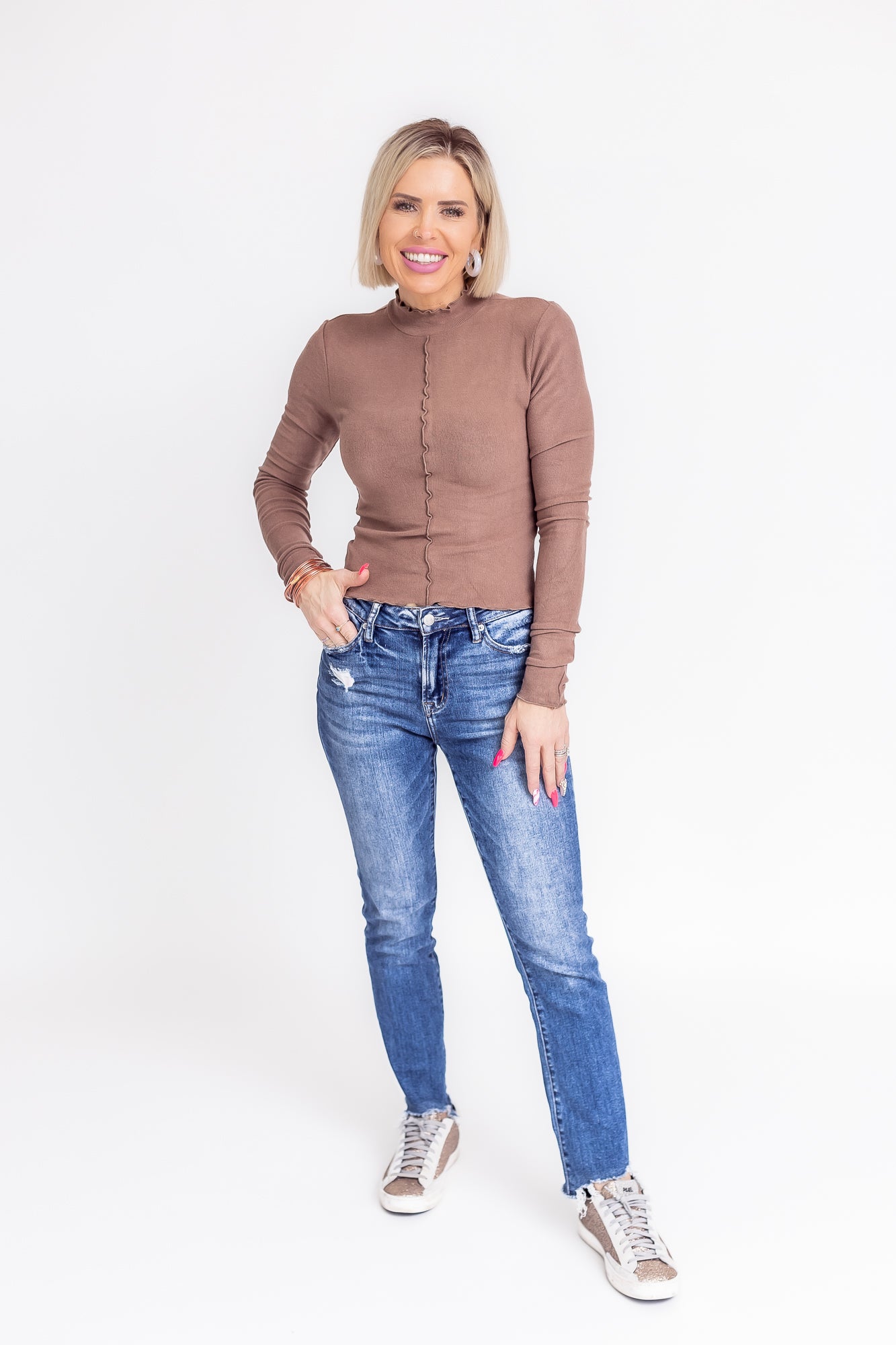 Cloud Comfort Brown High Neck Scallop Hemline Long Sleeve -T108