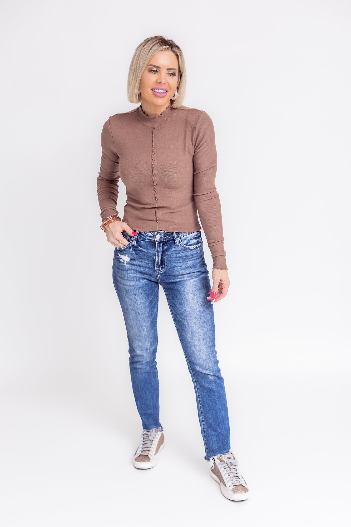 Cloud Comfort Brown High Neck Scallop Hemline Long Sleeve -T108