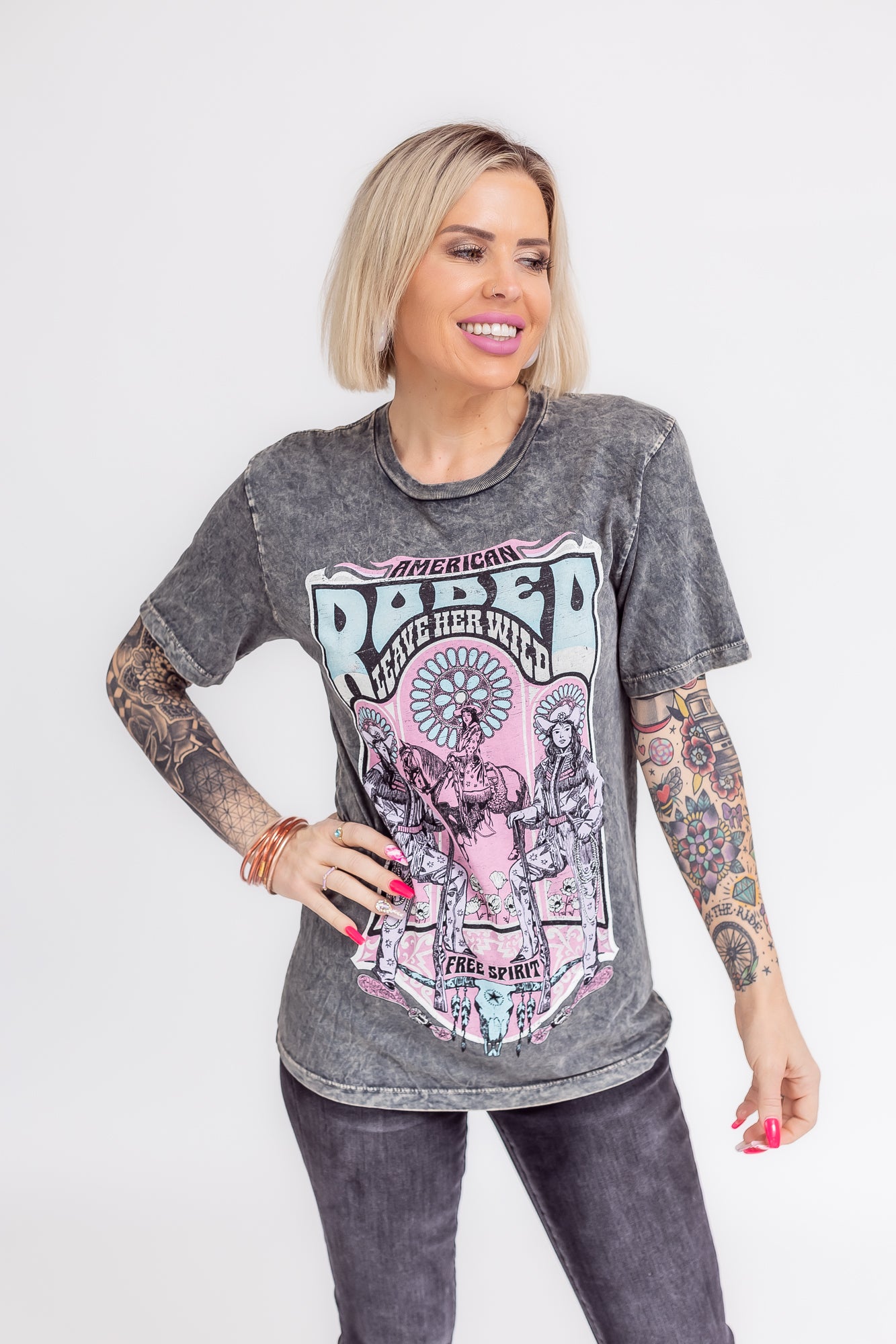 American Rodeo Grey Mineral Wash Graphic Tee - T104