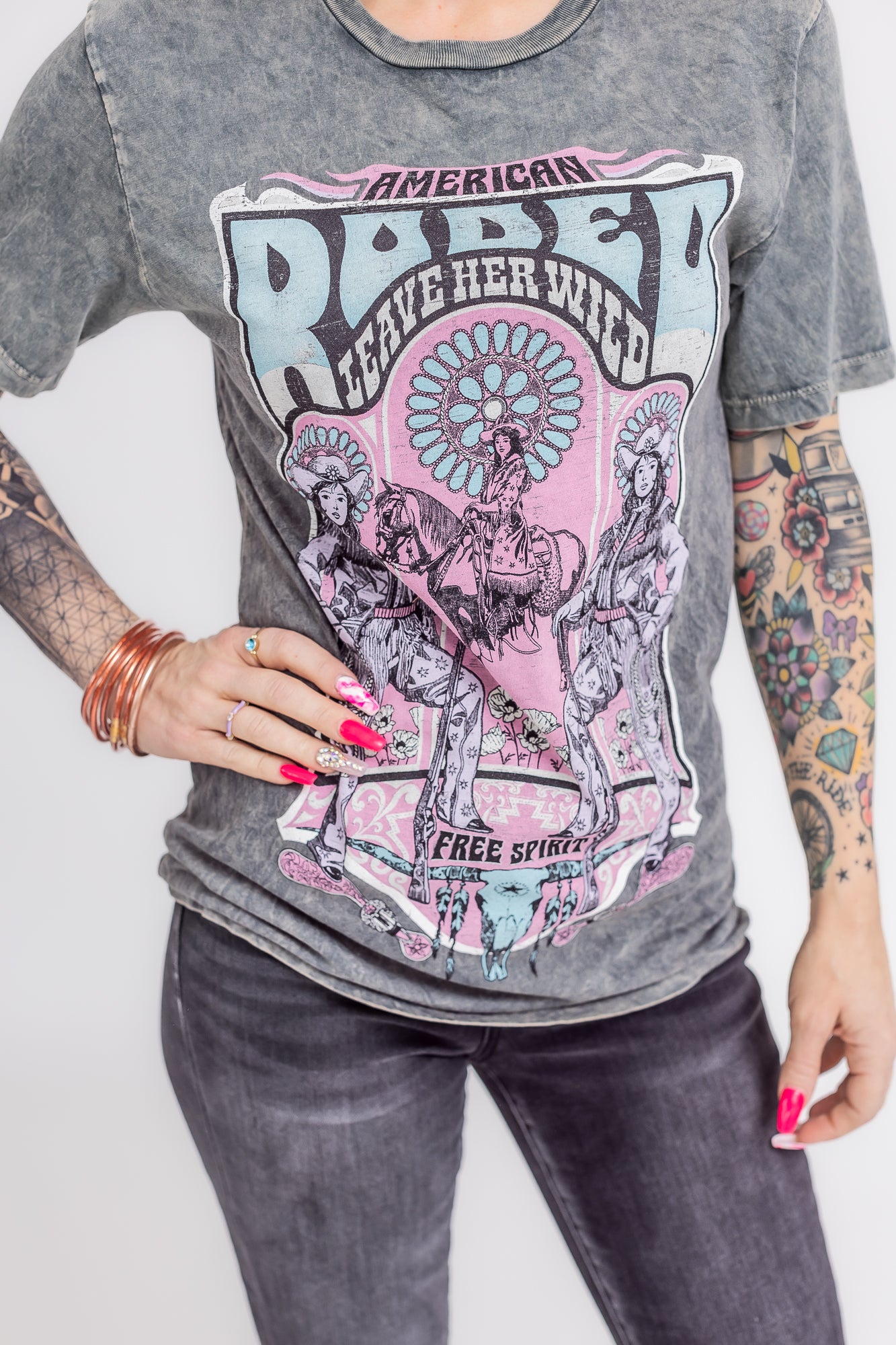 American Rodeo Grey Mineral Wash Graphic Tee - T104