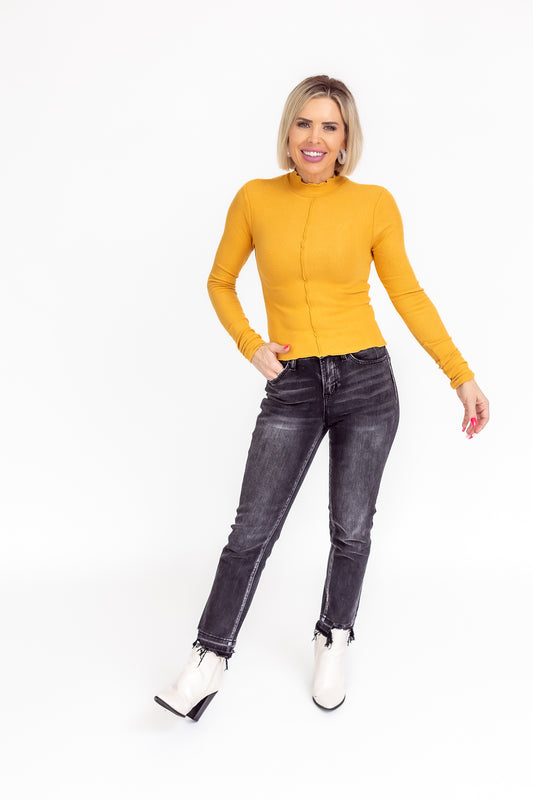 Cloud Comfort Mustard High Neck Scallop Hemline Long Sleeve -T115