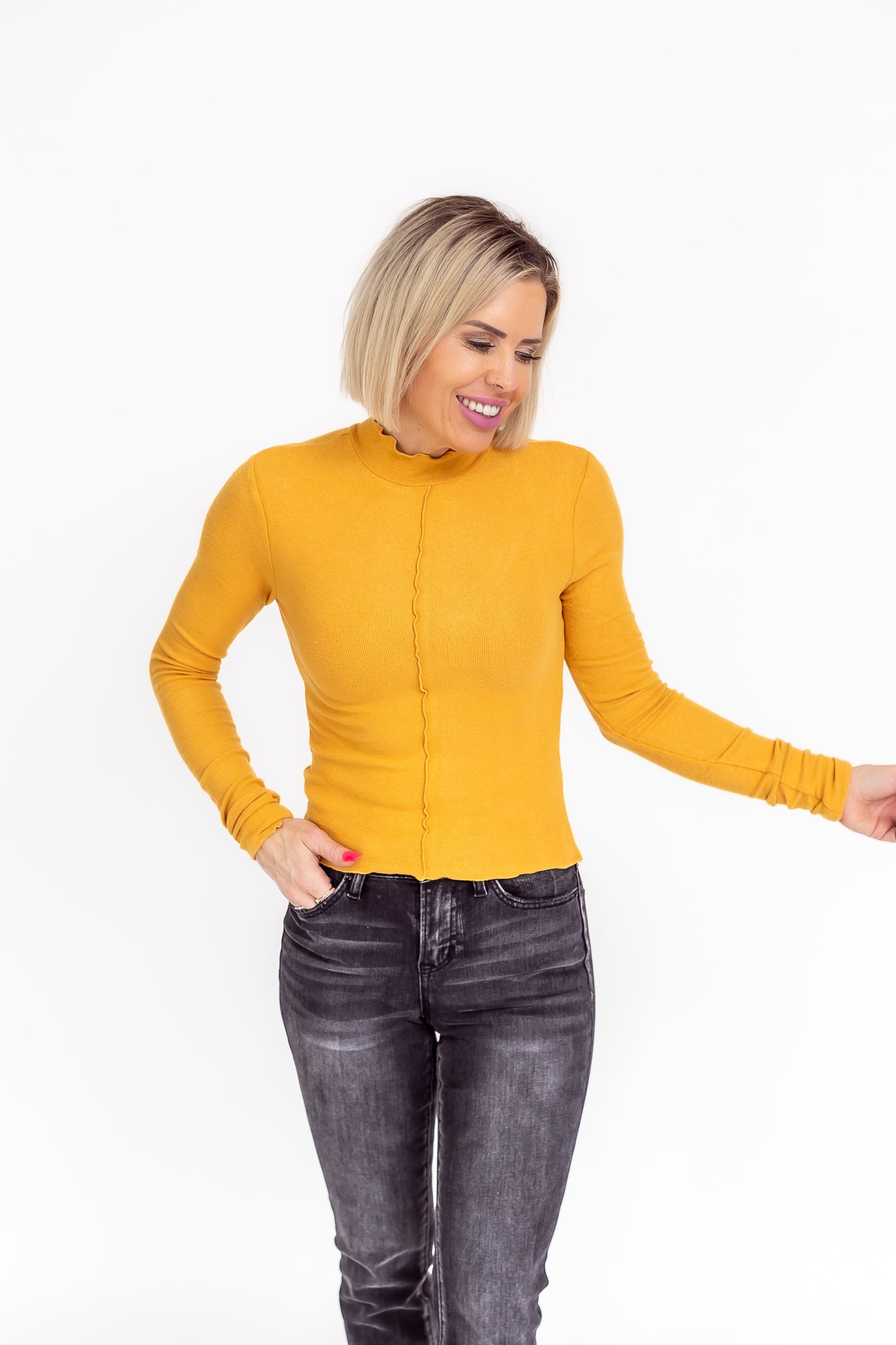 Cloud Comfort Mustard High Neck Scallop Hemline Long Sleeve -T115