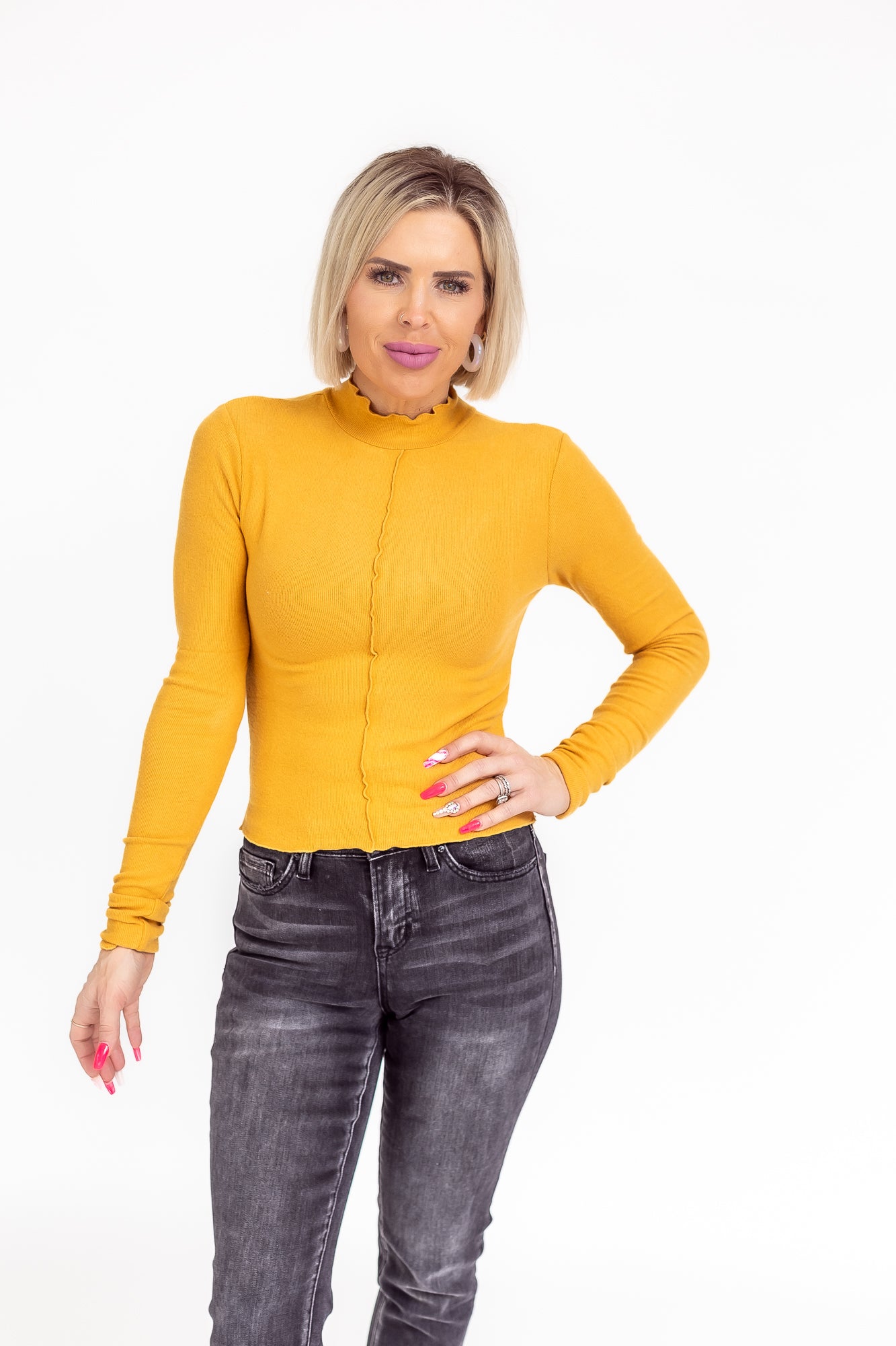 Cloud Comfort Mustard High Neck Scallop Hemline Long Sleeve -T115