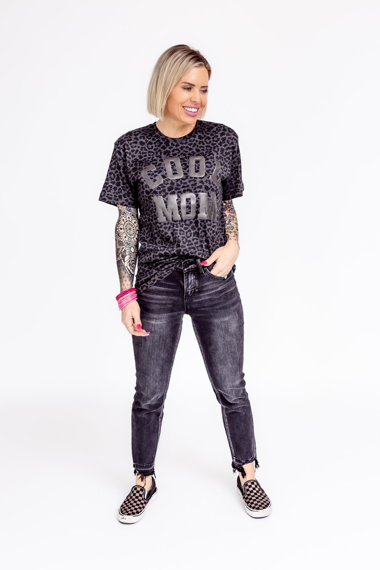 Cool Mom Black Graphic Tee with Leopard Print -T112