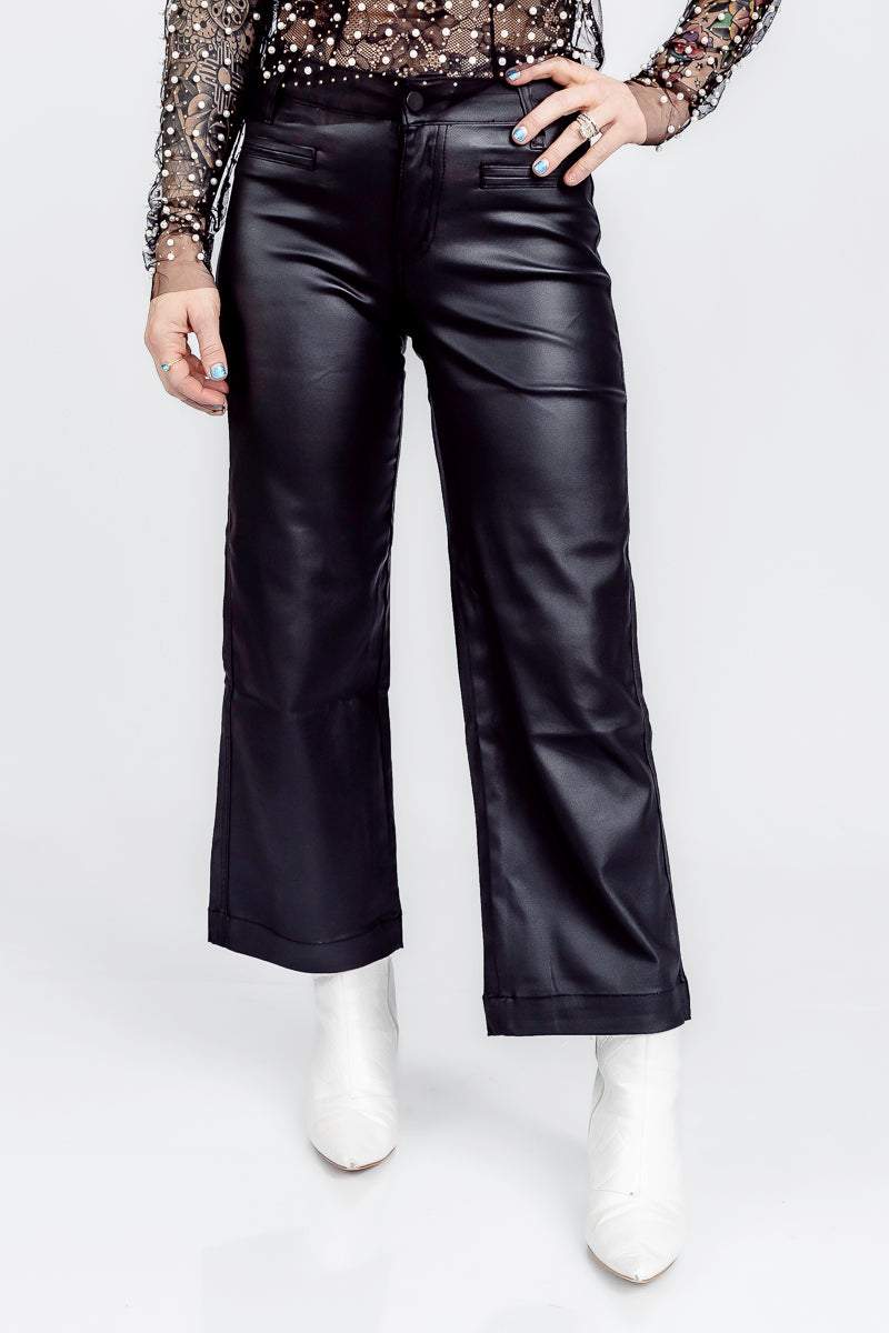 Lovely Leather High Rise Wide Crop Black Faux Leather Pants- P47