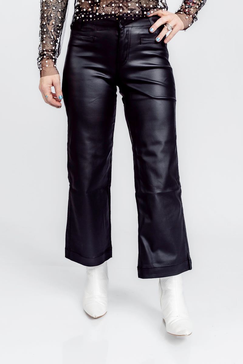 Lovely Leather High Rise Wide Crop Black Faux Leather Pants- P47