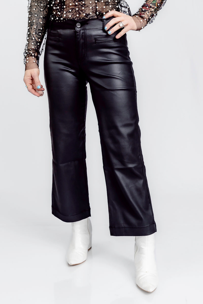 Lovely Leather High Rise Wide Crop Black Faux Leather Pants- P47