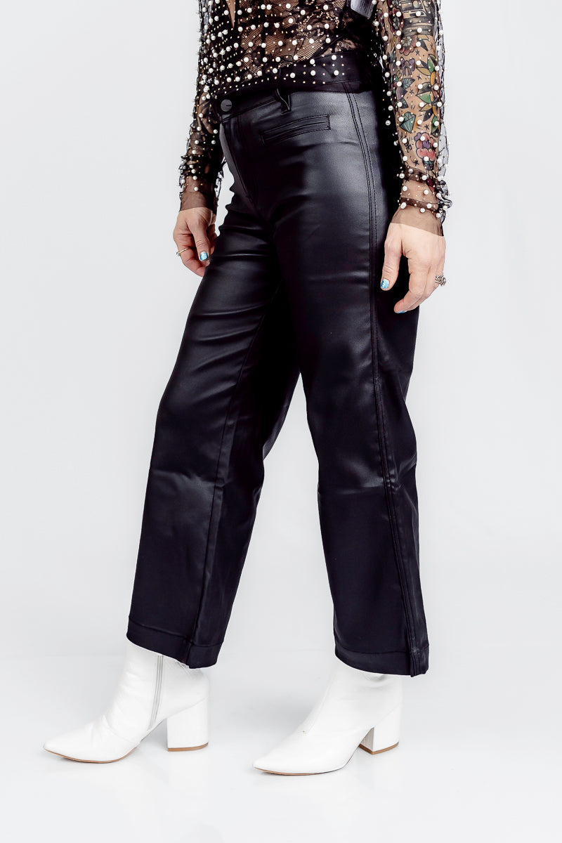 Lovely Leather High Rise Wide Crop Black Faux Leather Pants- P47