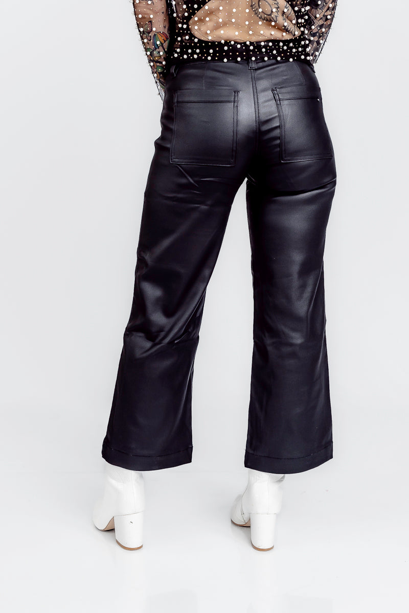 Lovely Leather High Rise Wide Crop Black Faux Leather Pants- P47