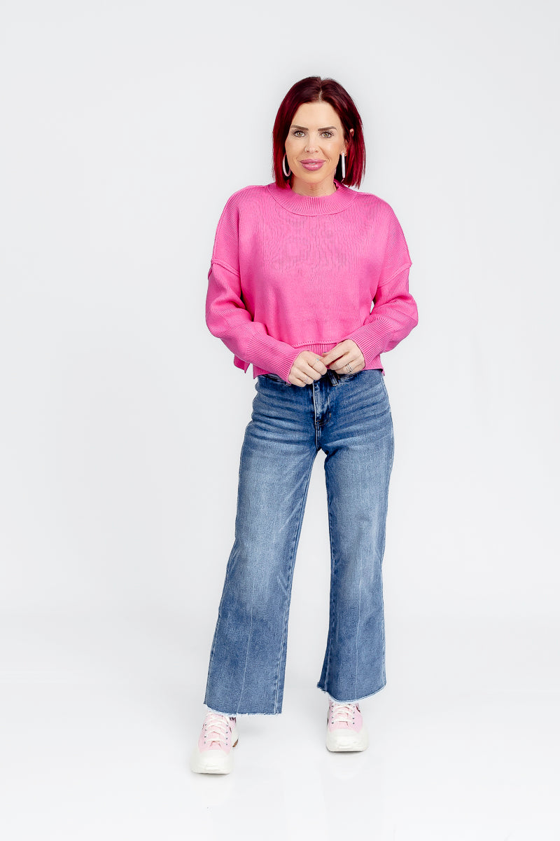 Blissfully Bubble Gum Cropped Sweater- T187