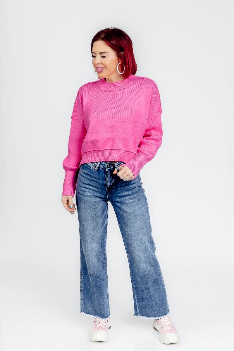 Blissfully Bubble Gum Cropped Sweater- T187