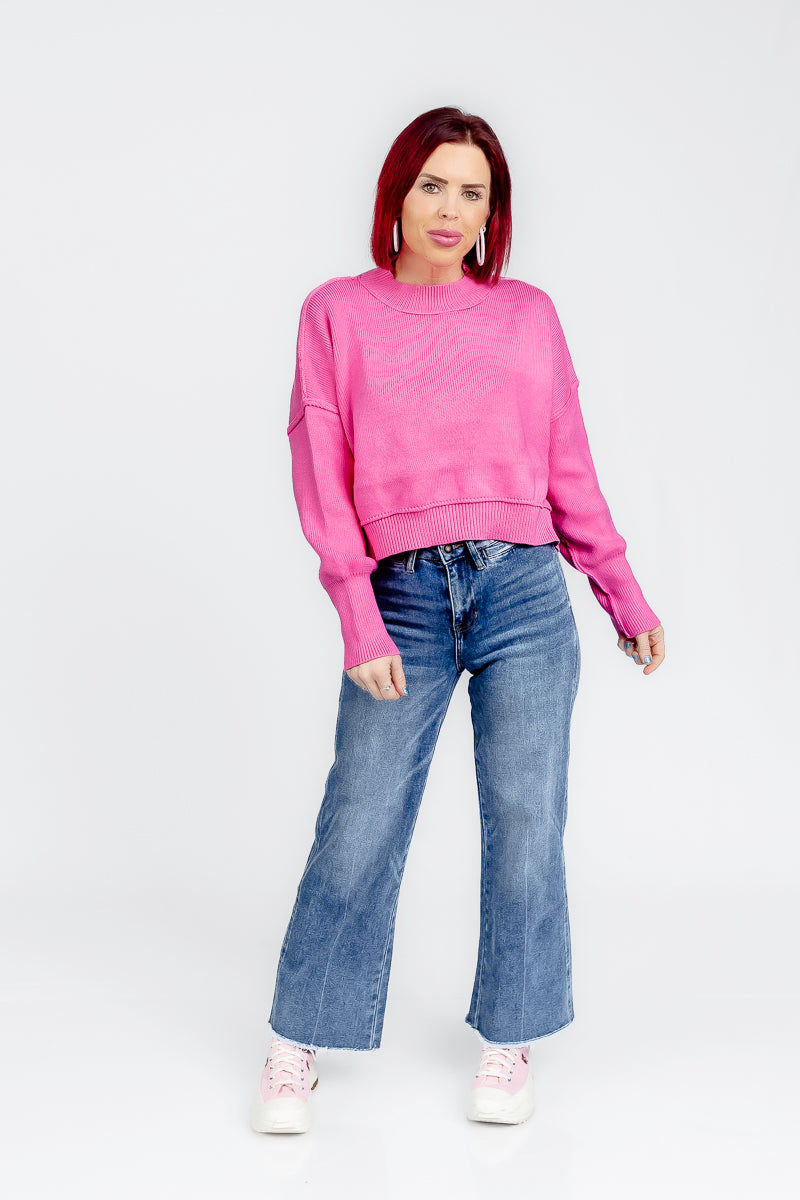 Blissfully Bubble Gum Cropped Sweater- T187