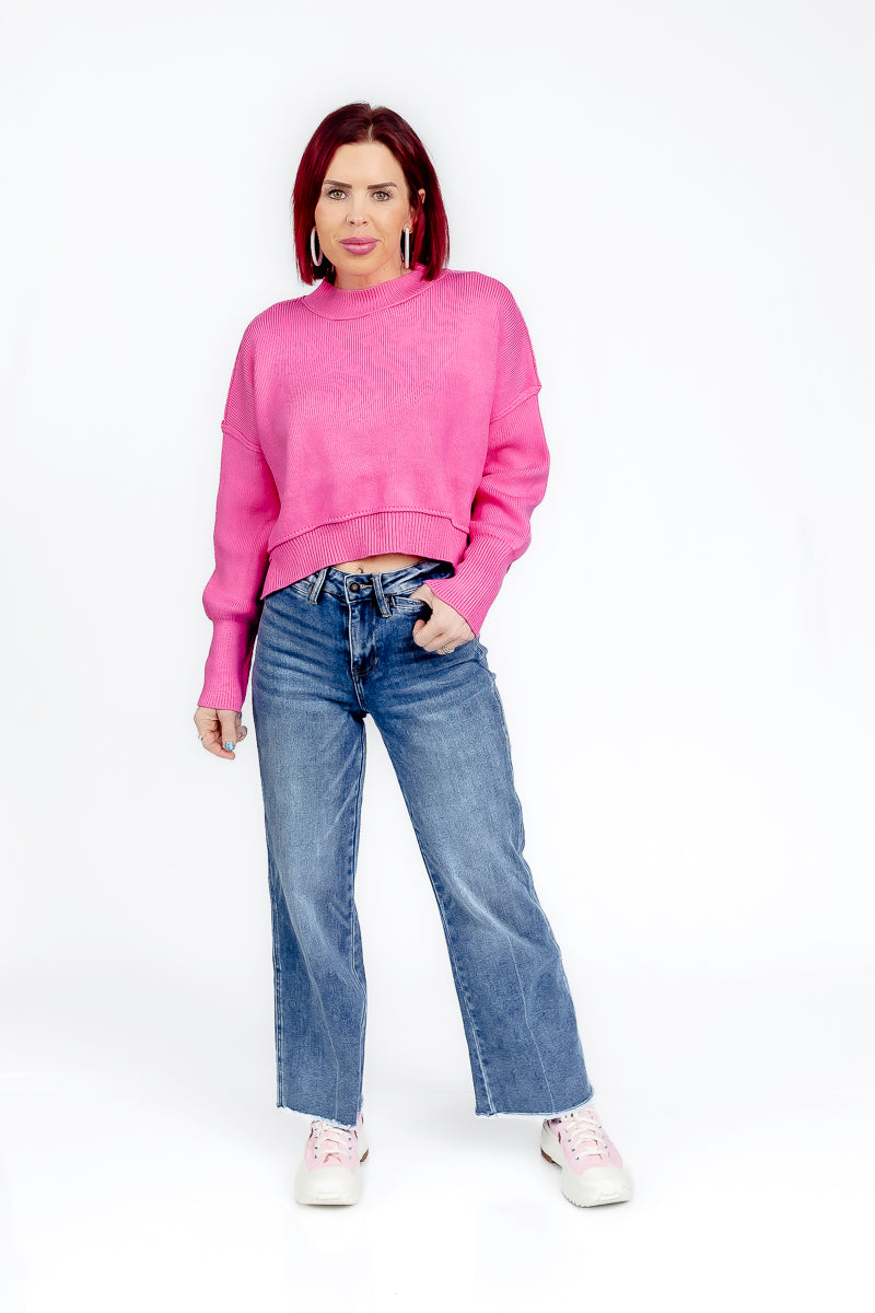 Blissfully Bubble Gum Cropped Sweater- T187