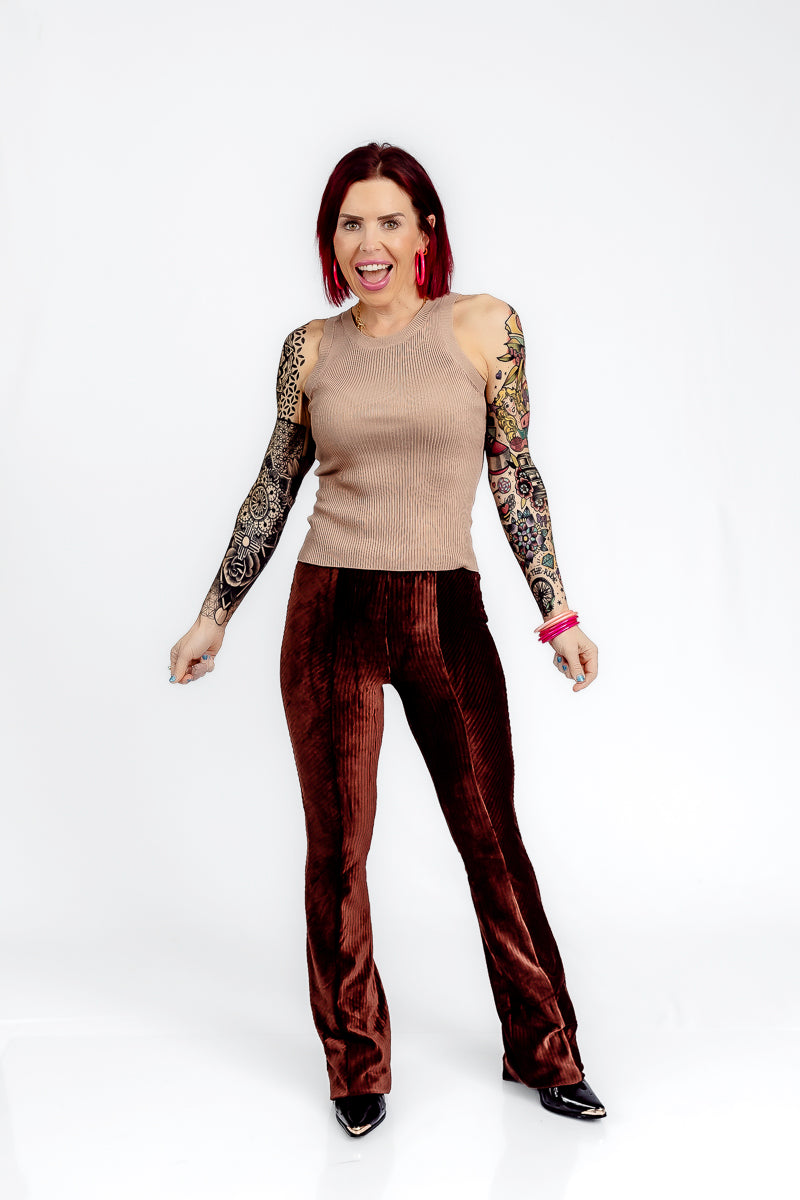 Walk The Runway Velvet Flare Mocha Pant- P43