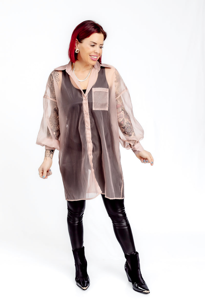 Blushing Sheer Mesh Button-Up Long Sleeve Top- T199