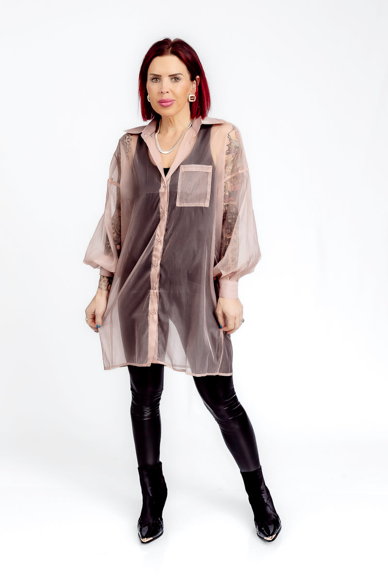 Blushing Sheer Mesh Button-Up Long Sleeve Top- T199