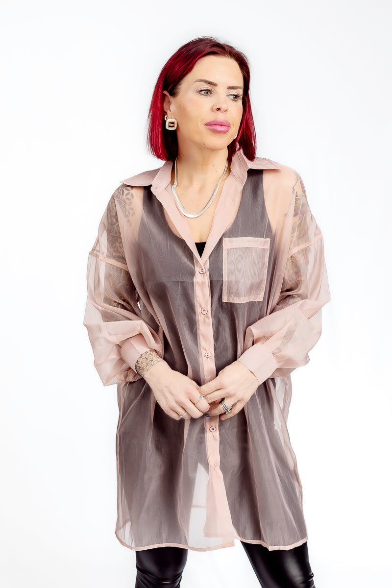 Blushing Sheer Mesh Button-Up Long Sleeve Top- T199