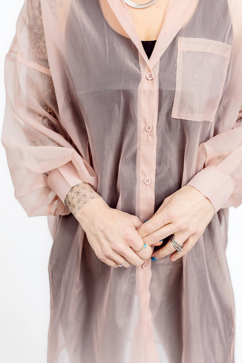 Blushing Sheer Mesh Button-Up Long Sleeve Top- T199