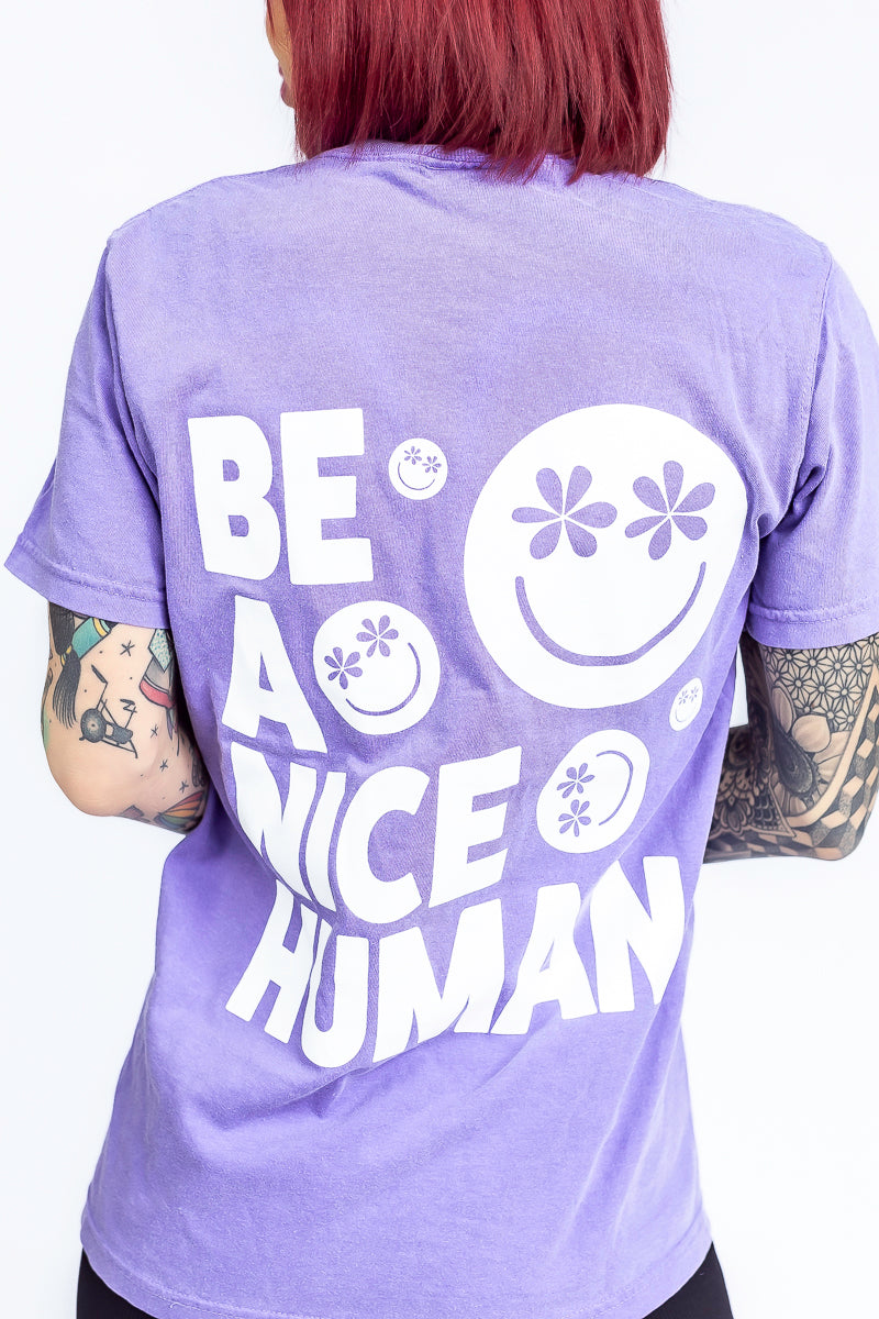 Be A Nice Human Violet Comfort Color Graphic Tee- T195